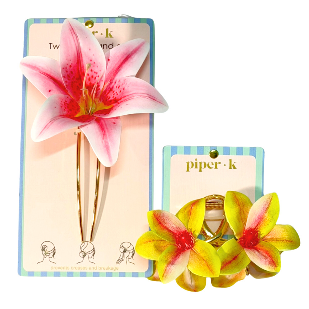Piper K 2 Pc Lot Hair Clip & French Pin Realistic Tropical Orchid Big Flowers